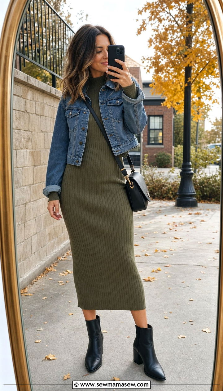 Fitted Knit Dress with Cropped Jacket and Ankle Boots - 25 cute windy day outfits