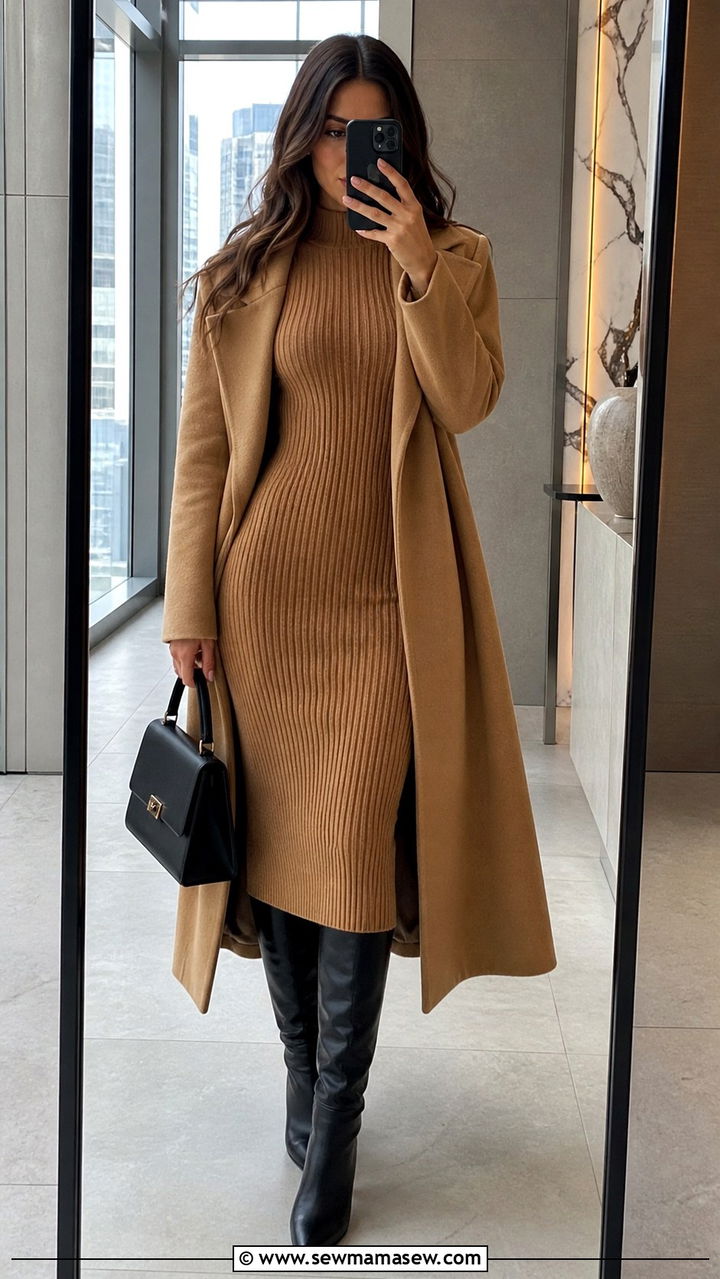 Fitted Knit Midi Dress With Knee High Boots - 40 Timeless outfit ideas