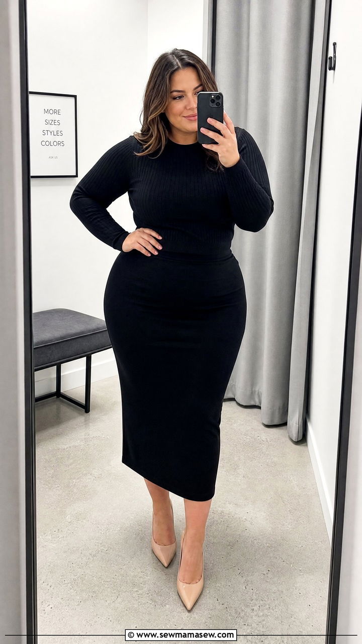 Fitted Knit Top With A Midi Bodycon Skirt And Heels - 35 Midsize capsule wardrobe