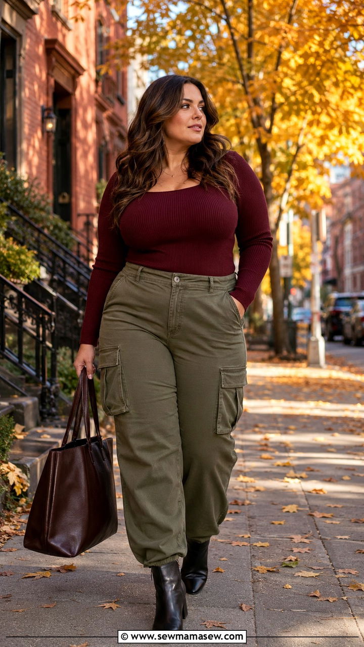 Fitted Knit Top With Cargo Pants and Ankle Boots - 30 Plus size outfit ideas with cargo pants