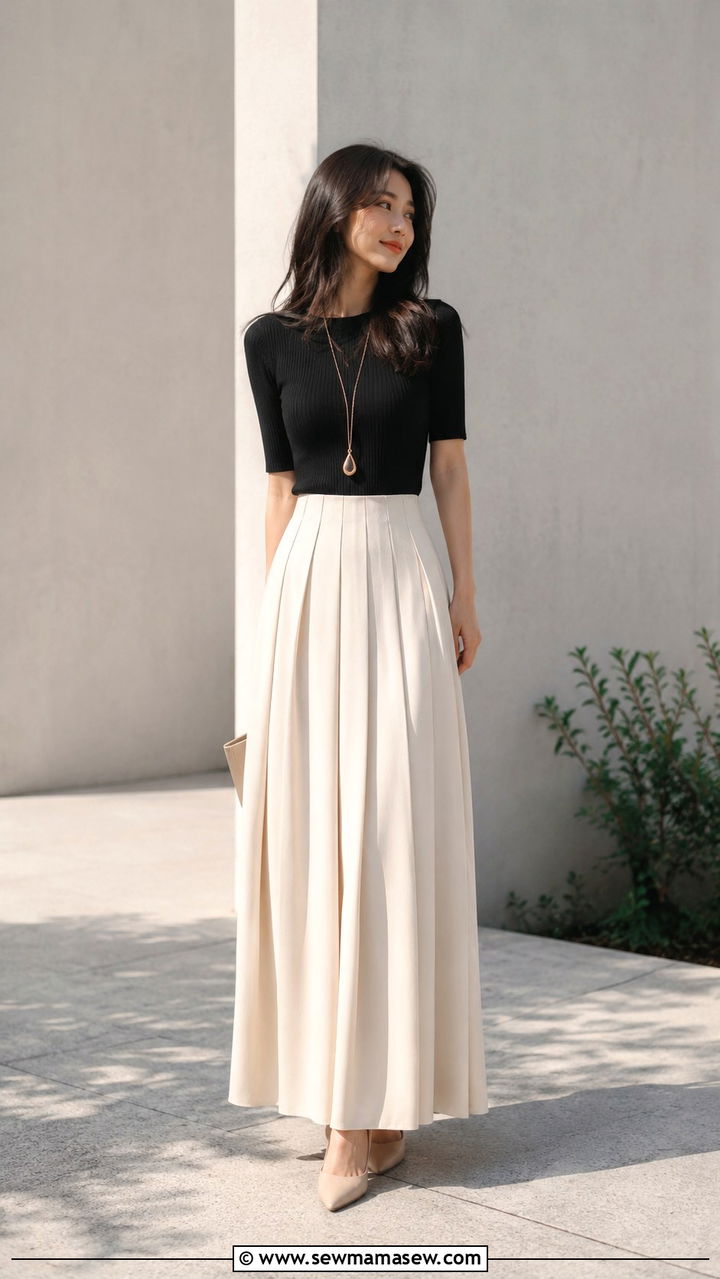 Fitted Knit Top With Flowy Maxi Skirt - 25 Petite outfit ideas with short torso