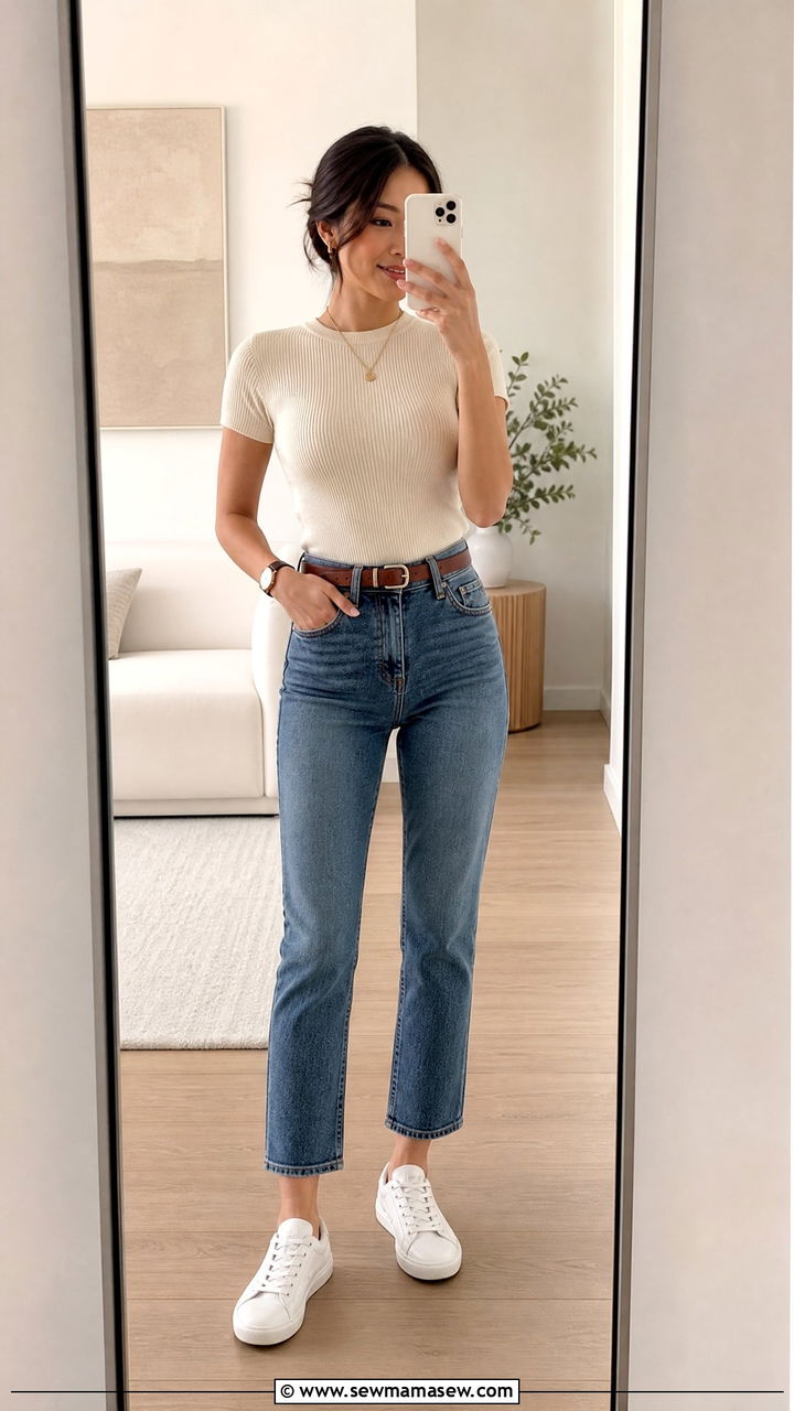 Fitted Knit Top with High Rise Cropped Jeans and a Slim Belt - 30 Clean girl outfits for petite women