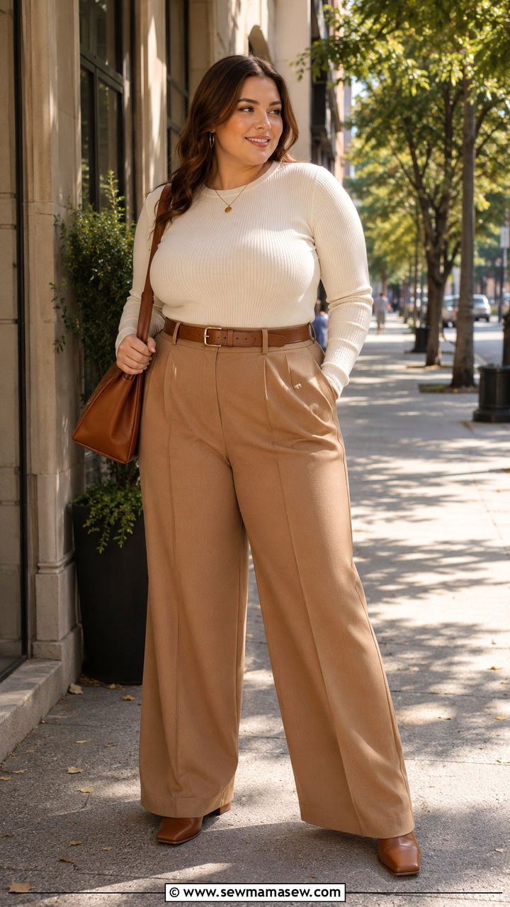 Fitted Knit Top with High Waisted Wide Leg Pants Plus Size - 30 Modest outfit ideas plus size