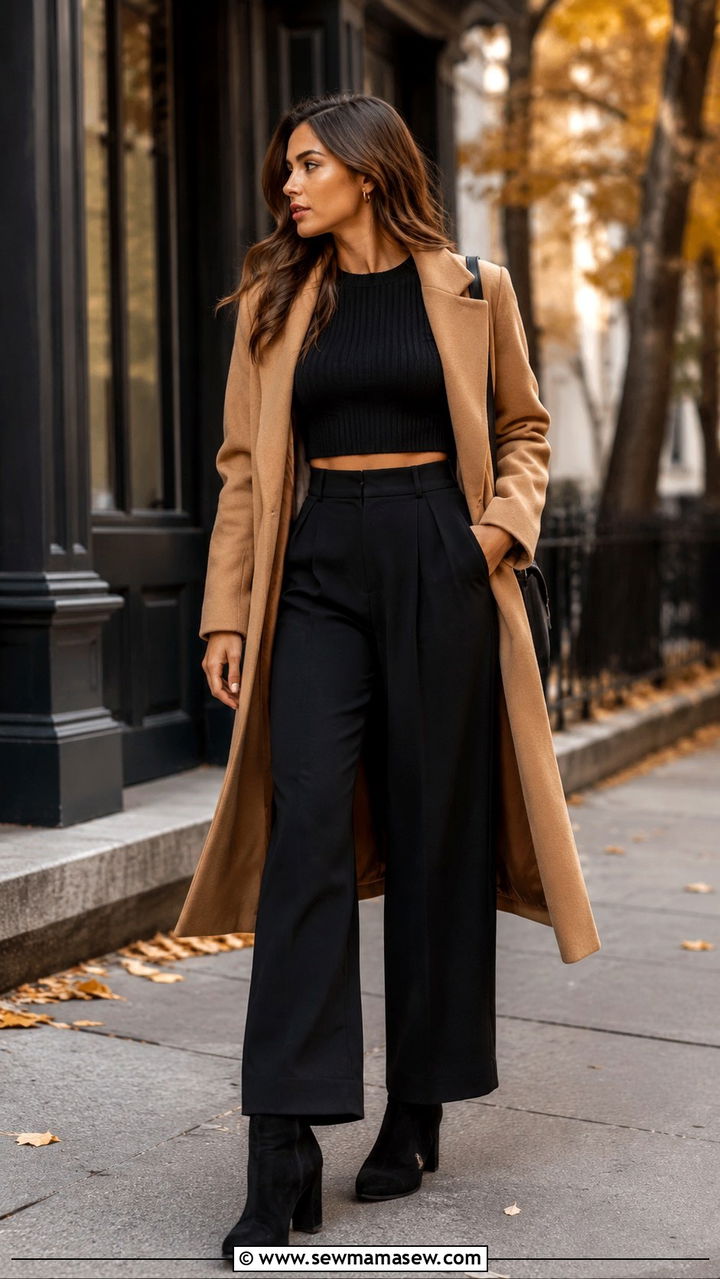 Fitted Long Sleeve Crop Top With Black Wide Leg Pants and Ankle Boots - 25 Wide leg black pants outfit ideas with a crop top