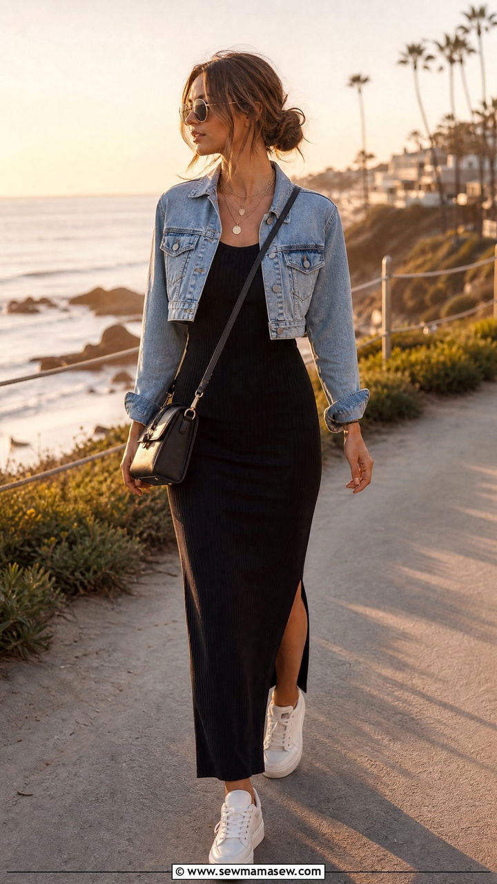 Fitted Maxi Dress With A Cropped Denim Jacket - 30 Outfit ideas for skinny women
