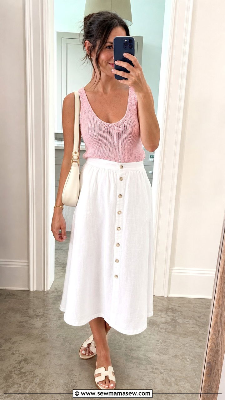 Fitted Pink Knit Tank With White Button Front Midi Skirt - 25 Elevated summer outfit ideas 2026