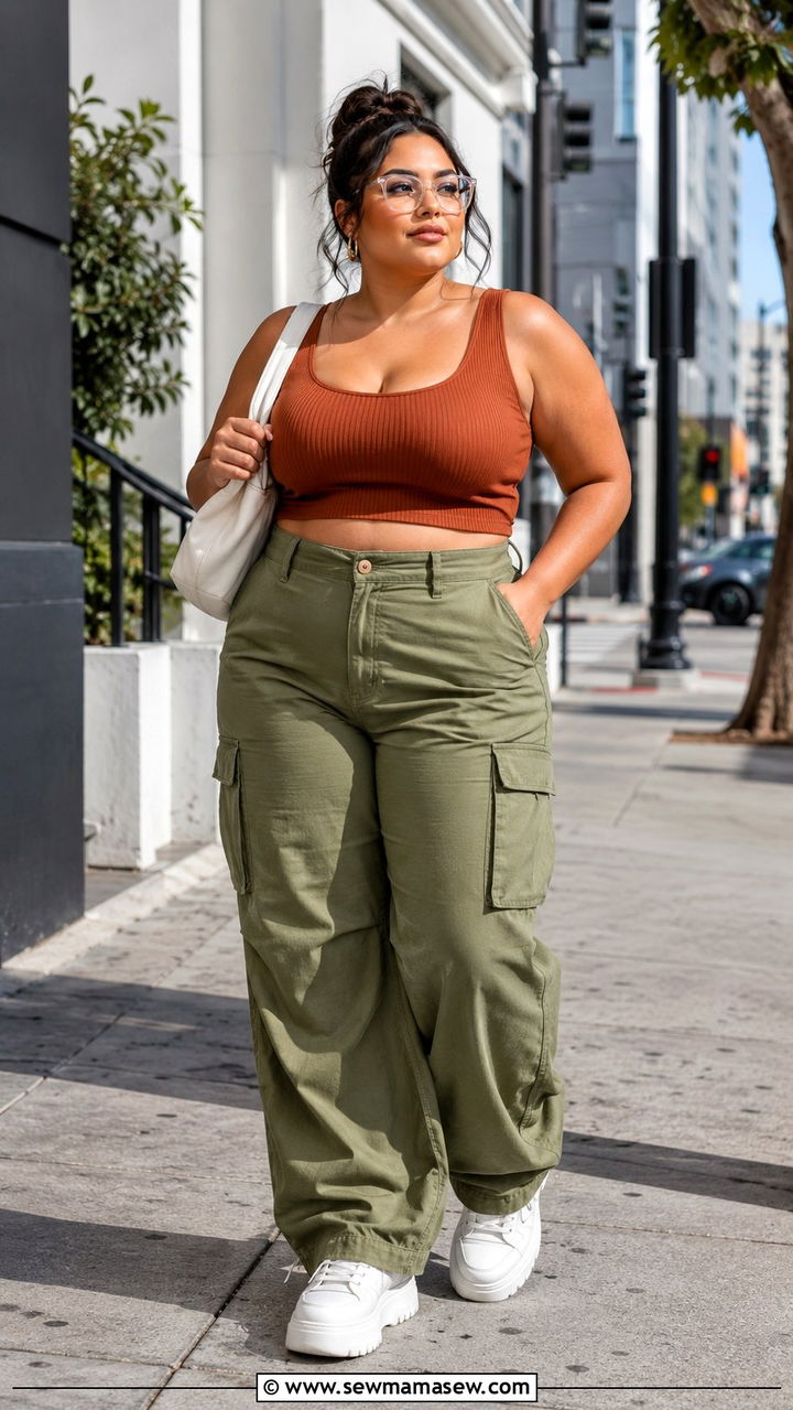 Fitted Ribbed Crop Top With High Waisted Cargo Pants and Platform Sneakers - 30 Plus size outfit ideas with cargo pants