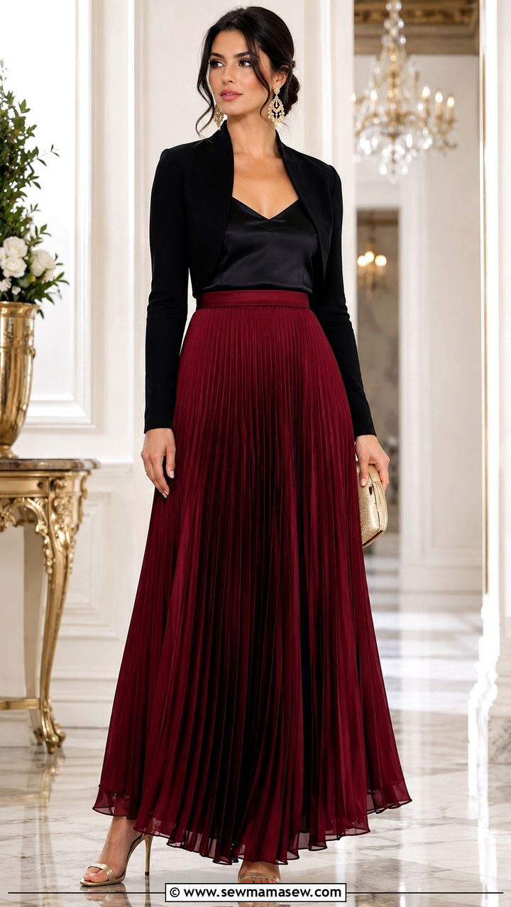 Fitted Shrug With Pleated Maxi Skirt And Metallic Heels - 30 Pleated skirt outfit ideas with heels
