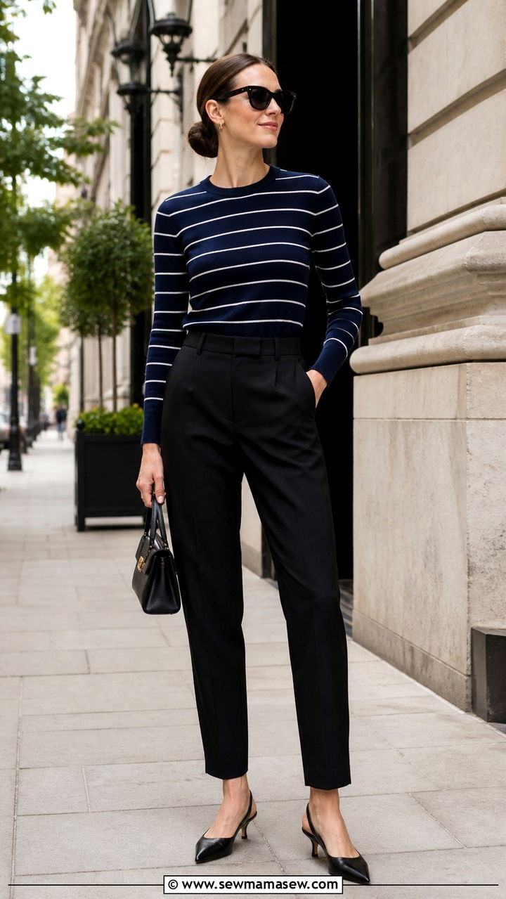 Fitted Striped Knit with Tailored Trousers and Kitten Heels - 40 Parisian outfit ideas