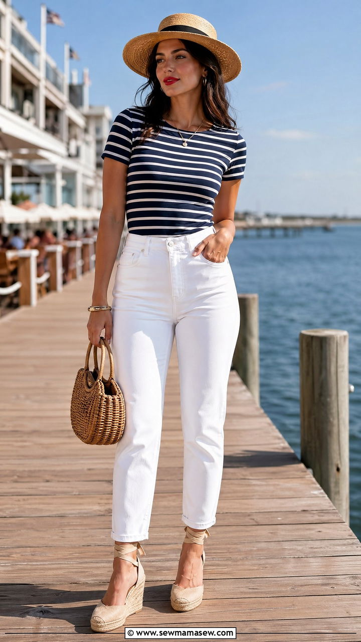 Fitted Striped T Shirt with White Jeans and Espadrilles - 35 Fitted t-shirt outfit ideas