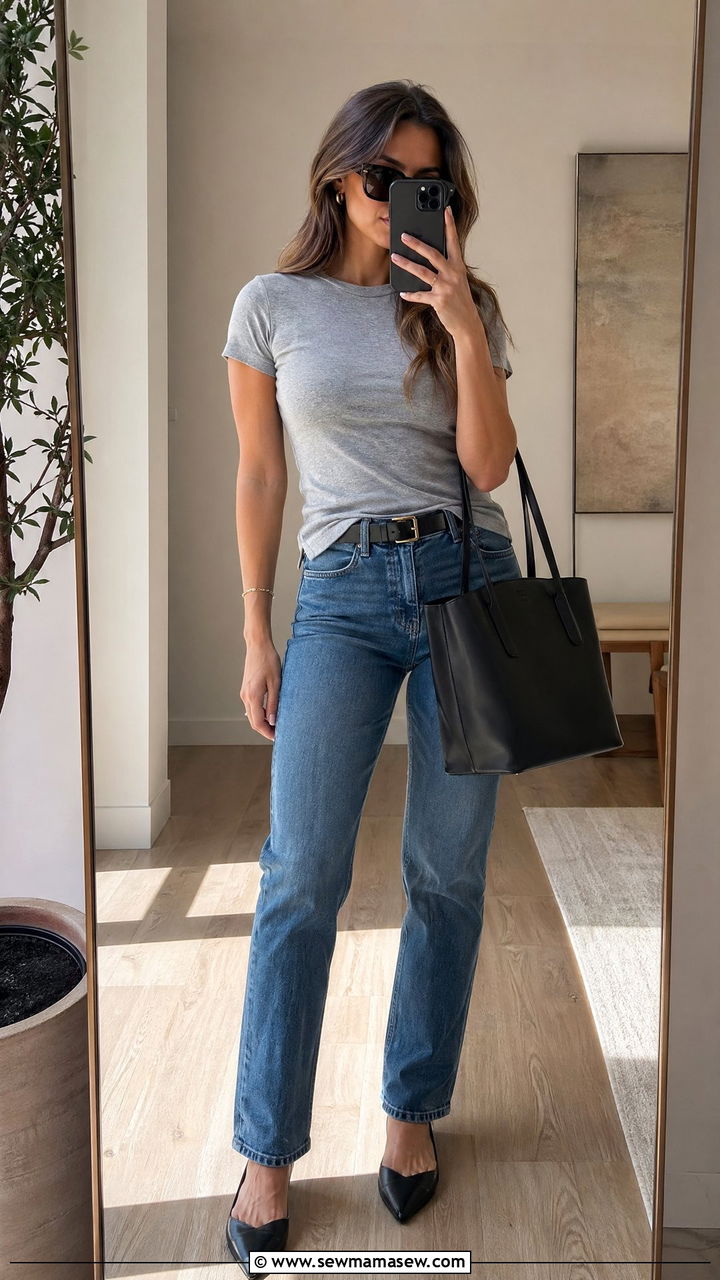 Fitted T Shirt French Tucked with Straight Leg Jeans - 35 Fitted t-shirt outfit ideas