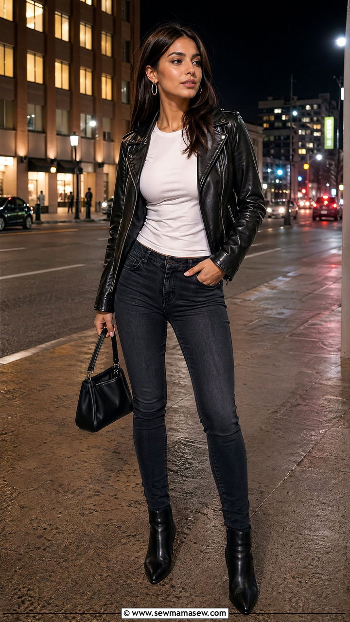 Fitted T Shirt Layered Under a Leather Jacket - 35 Fitted t-shirt outfit ideas