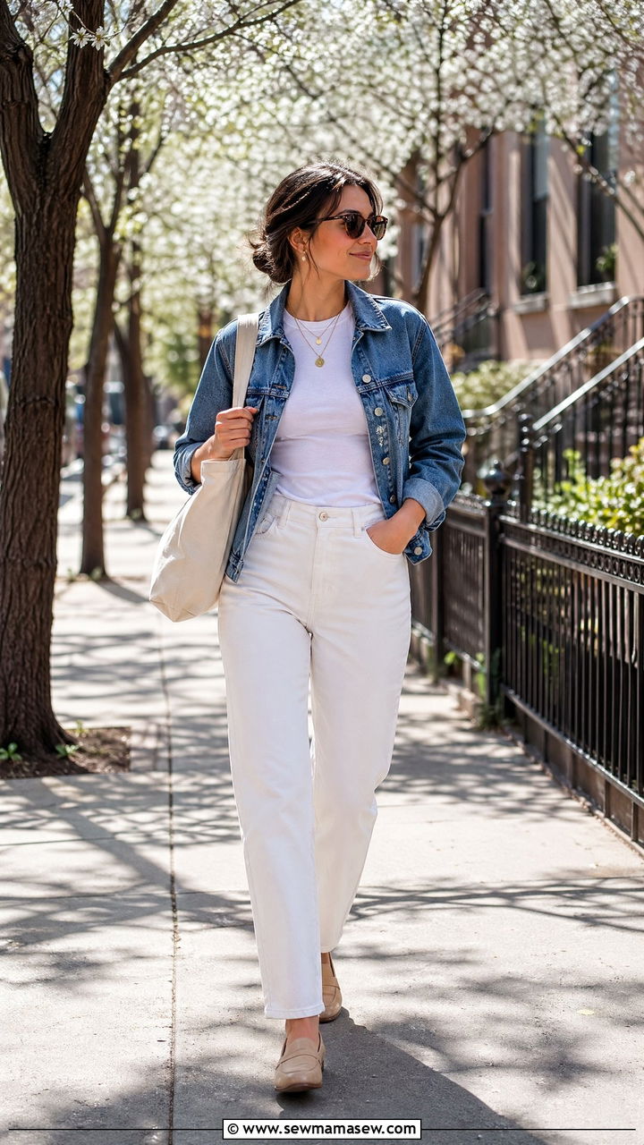 Fitted T Shirt with Denim Jacket and White Trousers - 35 Fitted t-shirt outfit ideas