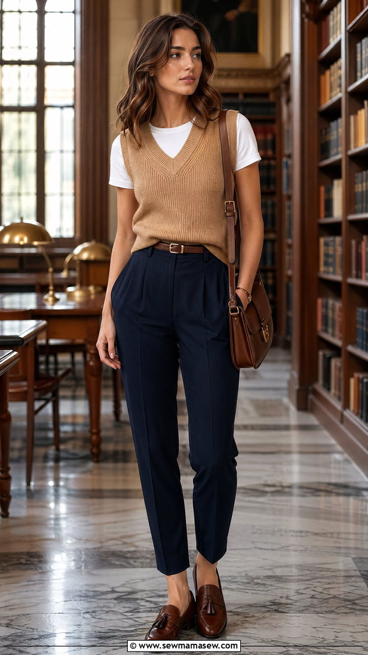 Fitted T Shirt with Knit Vest and Tailored Trousers - 35 Fitted t-shirt outfit ideas