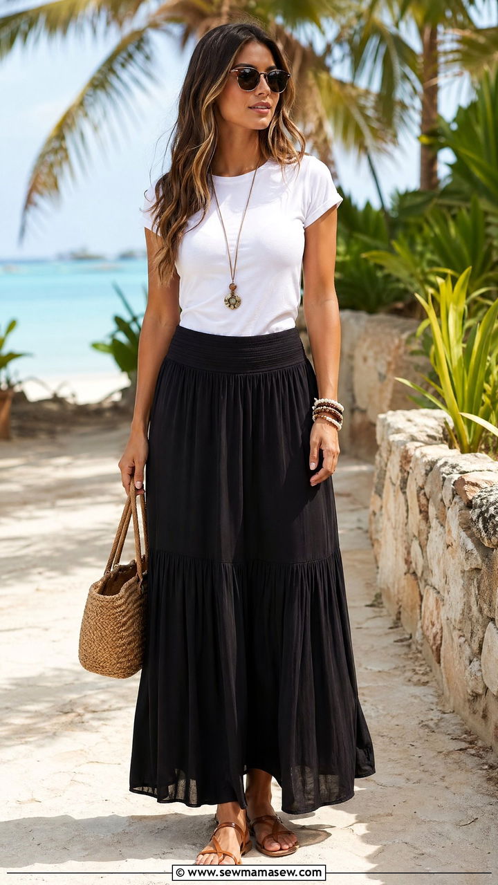 Fitted T Shirt with Maxi Skirt and Flat Sandals - 35 Fitted t-shirt outfit ideas