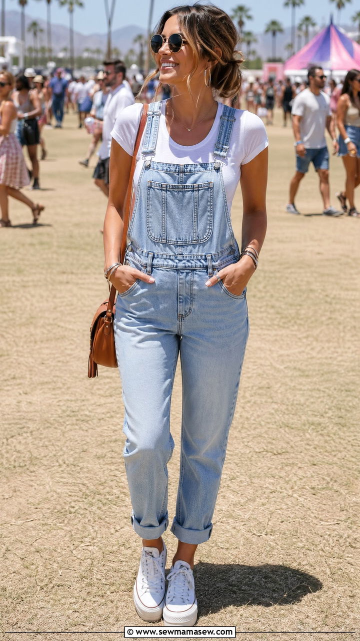 Fitted T Shirt with Overalls and Platform Sneakers - 35 Fitted t-shirt outfit ideas