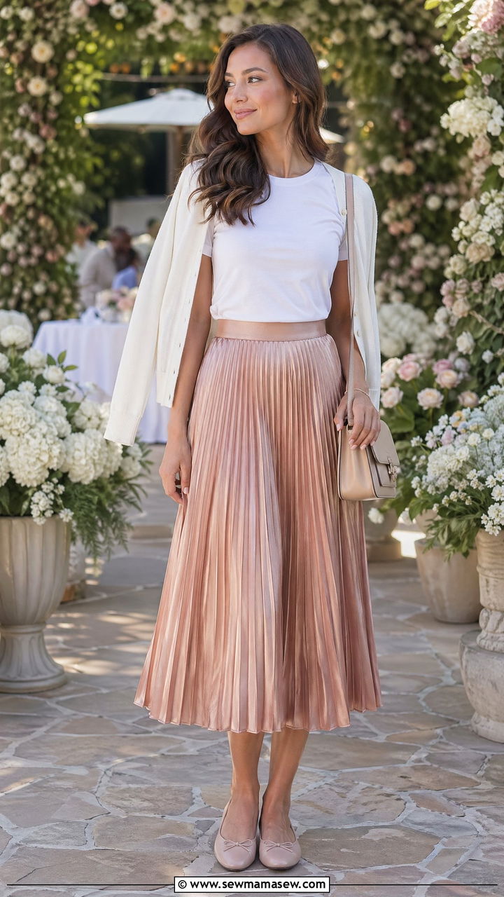 Fitted T Shirt with Pleated Skirt and Ballet Flats - 35 Fitted t-shirt outfit ideas