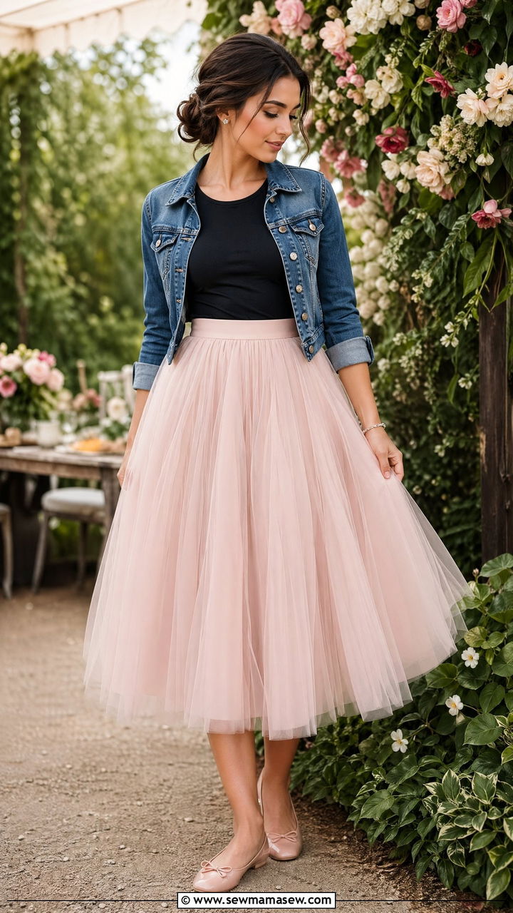 Fitted T Shirt with Tulle Skirt and Ballet Flats - 35 Fitted t-shirt outfit ideas