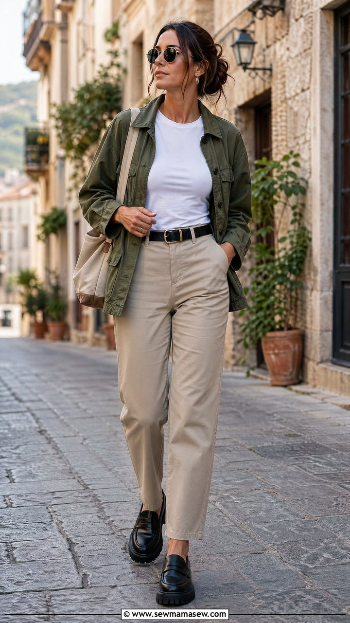 Fitted T Shirt with Utility Jacket and Straight Leg Trousers - 35 Fitted t-shirt outfit ideas