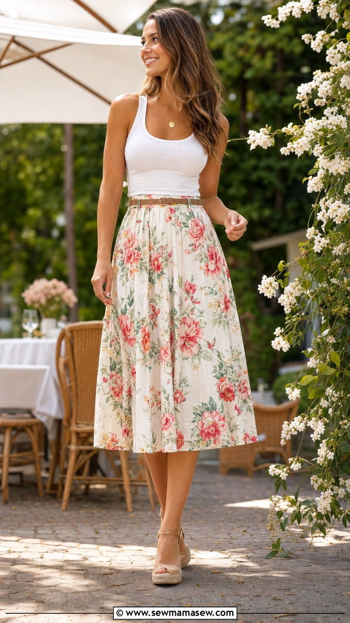Fitted Tank Top with Floral Midi Skirt - 25 Summer outfits for long legs