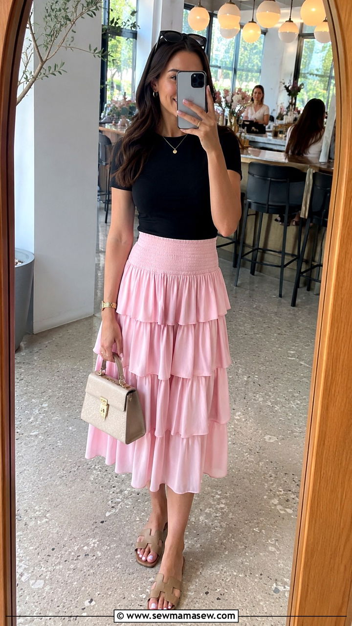 Fitted Tee with Ruffle Midi Skirt - 30 Midi skirt outfit ideas with a tee