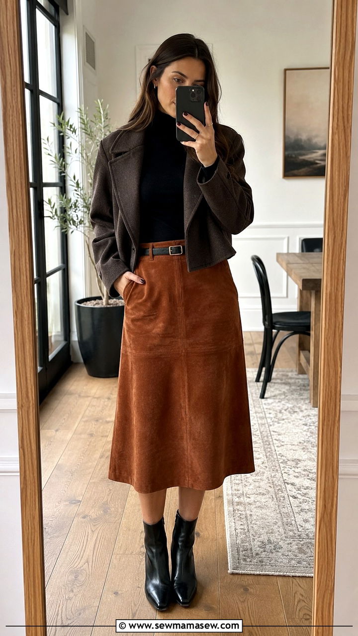 Fitted Turtleneck With A Line Midi Skirt - 25 Outfit ideas for size 12 hourglass