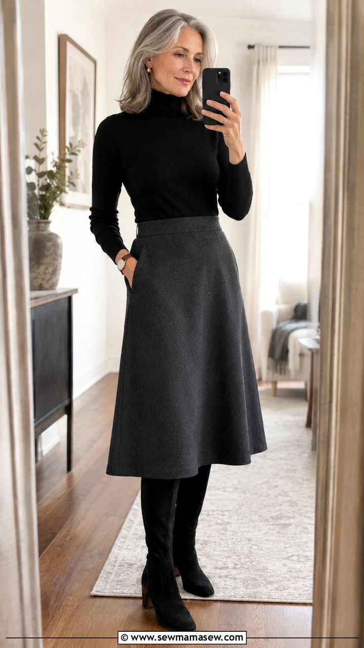 Fitted Turtleneck With A Line Skirt - 30 Minimalist outfits for women over 50