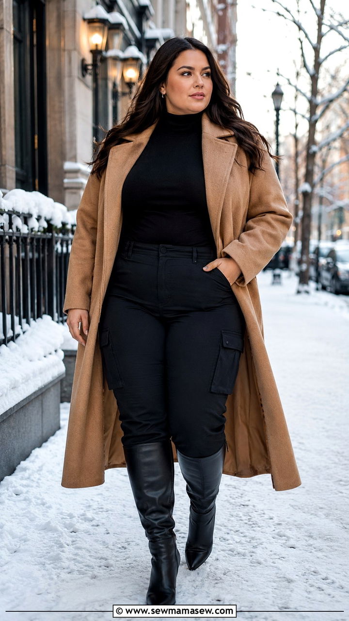 Fitted Turtleneck With Black Cargo Pants a Long Wool Coat and Knee High Boots - 30 Plus size outfit ideas with cargo pants