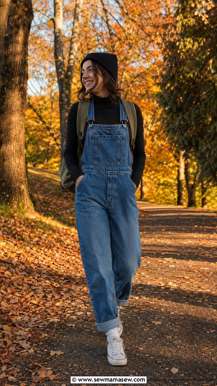 Fitted Turtleneck With Denim Overalls and Canvas Sneakers - 35 90s capsule wardrobe outfits