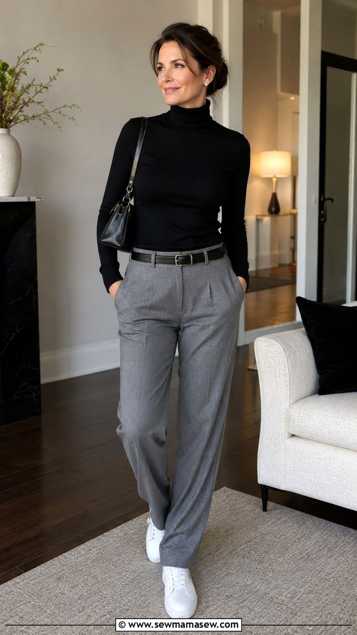 Fitted Turtleneck With Track Pants And Court Sneakers - 30 Sporty chic outfit ideas for women over 40