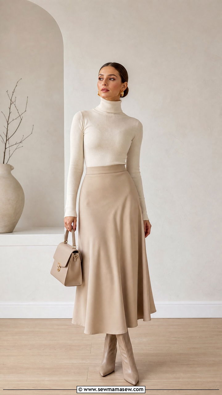Fitted Turtleneck and Midi Skirt Outfit - 30 clean girl outfits to copy