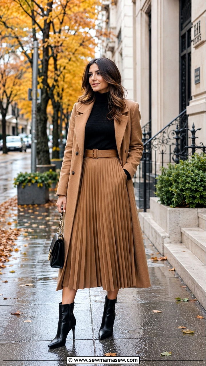 Fitted Turtleneck and Pleated Skirt Outfit - 30 how to style pleated skirt