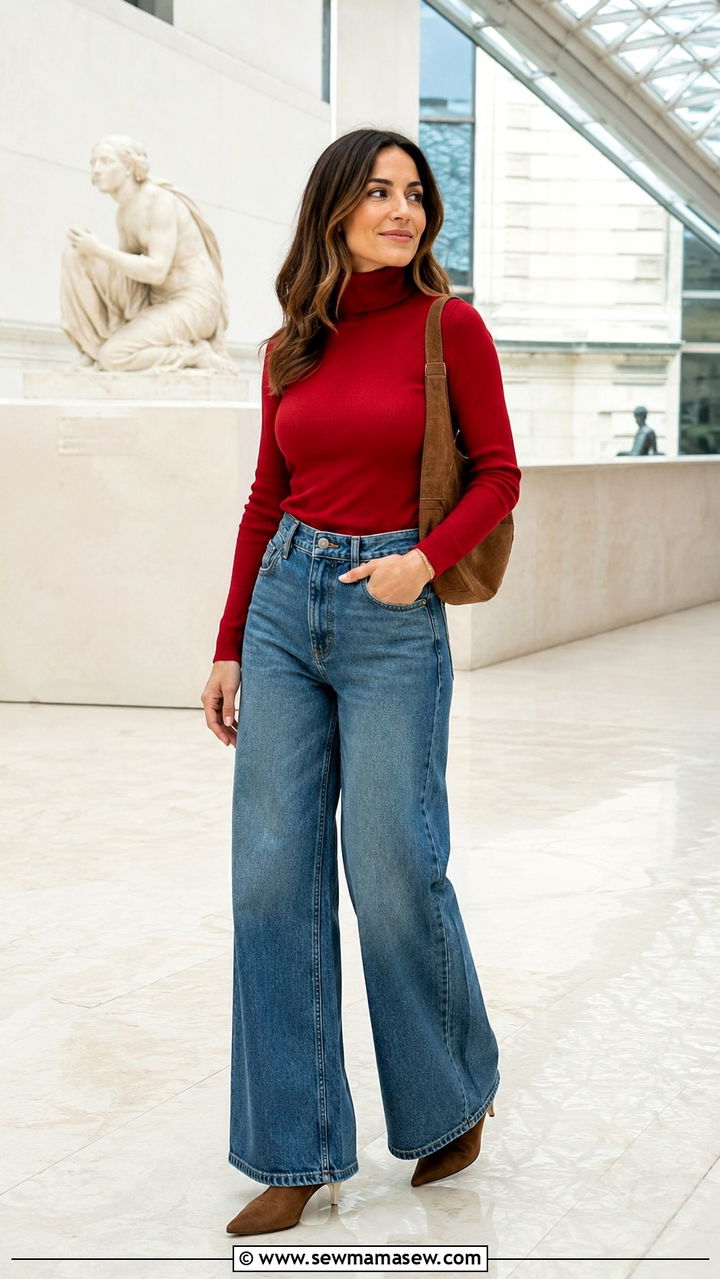 Fitted Turtleneck and Wide Leg Jeans - 30 Spring outfits with wide leg jeans