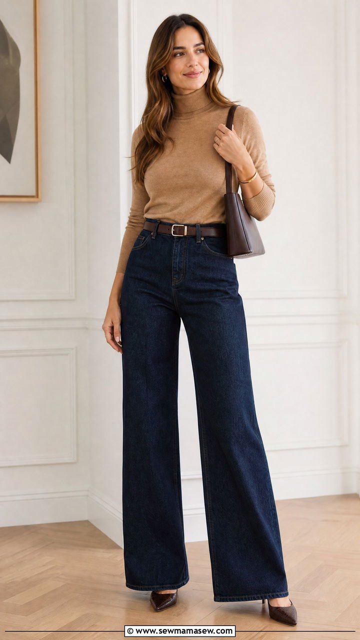 Fitted Turtleneck and Wide Leg Jeans - 25 How to style wide leg jeans in spring