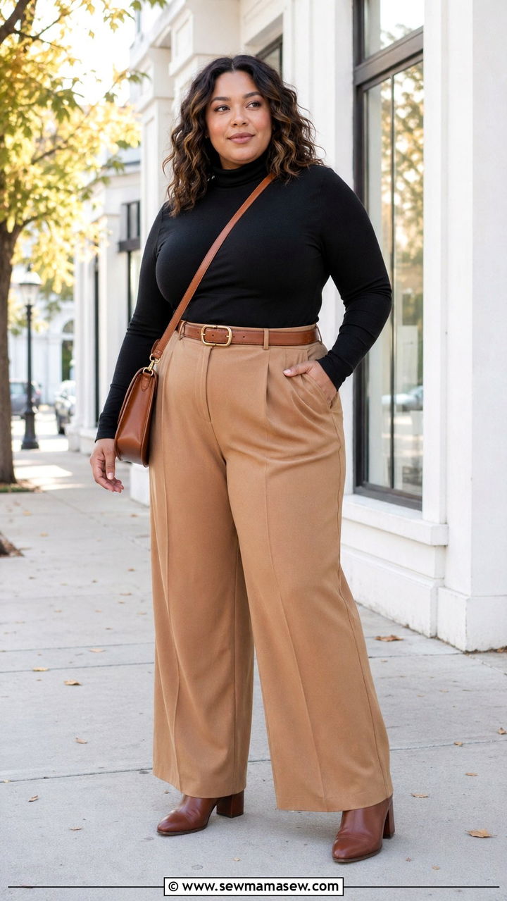 Fitted Turtleneck and Wide Leg Pants - 30 Plus size outfit ideas with wide leg pants