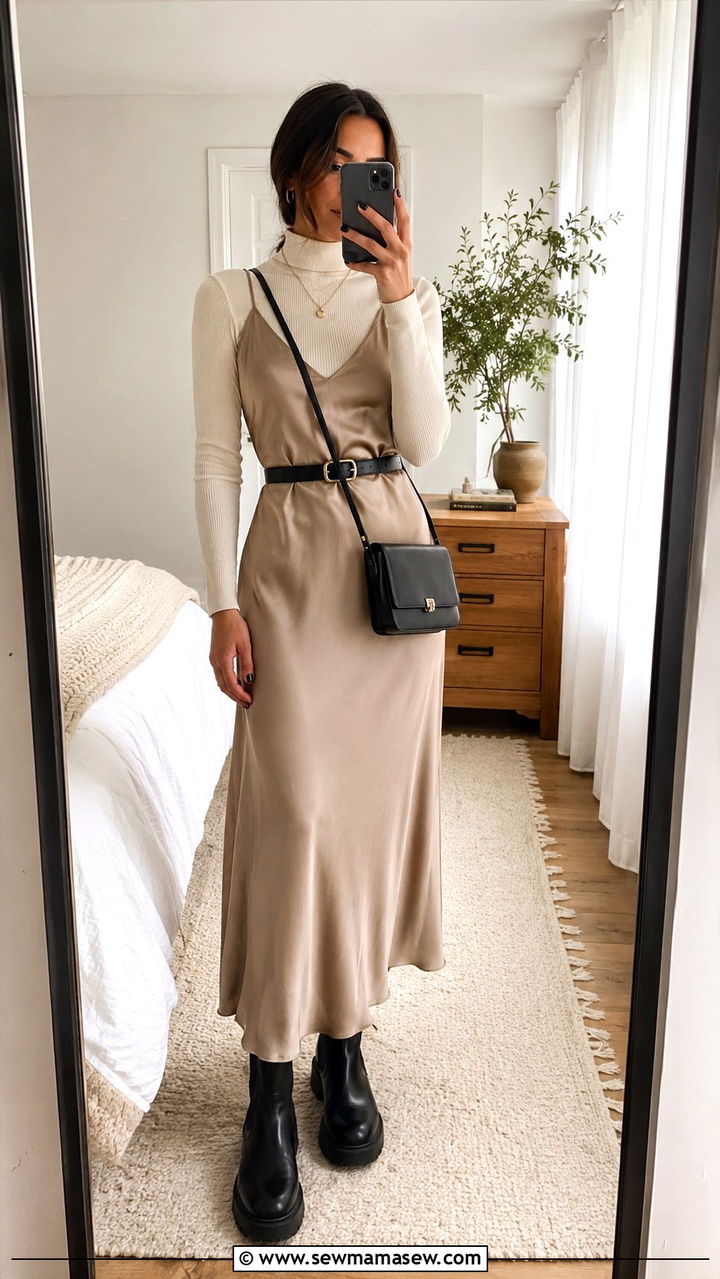 Fitted Turtleneck under a Slip Dress with Ankle Boots - 25 Outfit ideas for rectangle body 2026