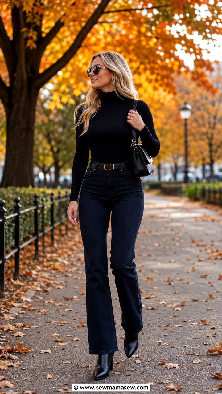Fitted Turtleneck with Bootcut Jeans - 30 Petite outfit ideas with hourglass figure