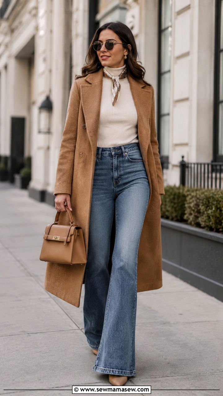 Fitted Turtleneck with Flared Jeans and a Long Coat - 25 Boho outfit ideas with flared jeans