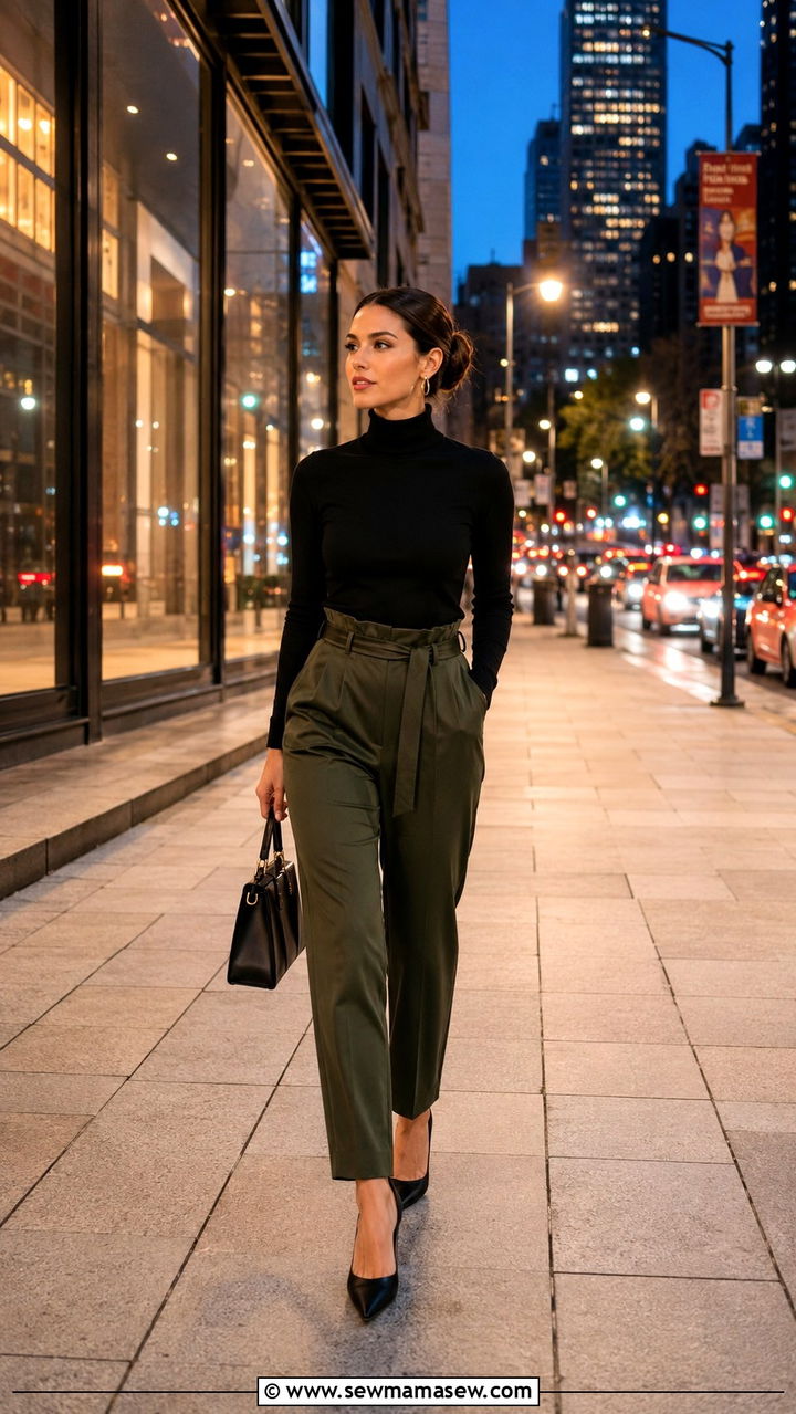 Fitted Turtleneck with Paperbag Waist Trousers - 25 Outfit ideas for size 16 hourglass