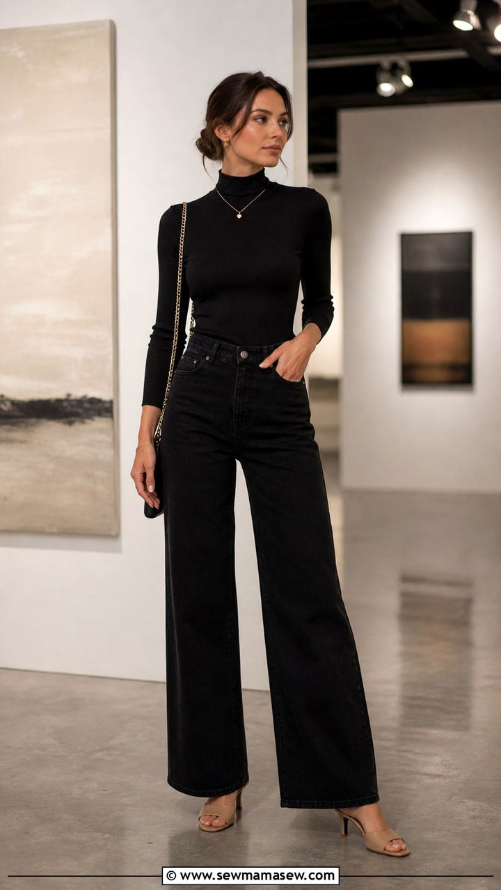 Fitted Turtleneck with Wide Leg Jeans and Heeled Mules - 40 jeans outfit ideas for women