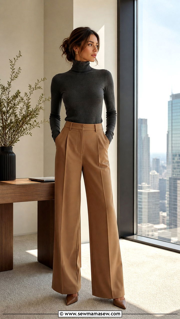 Fitted Turtleneck with Wide Leg Trousers Office Outfit - 40 Classy work outfit ideas