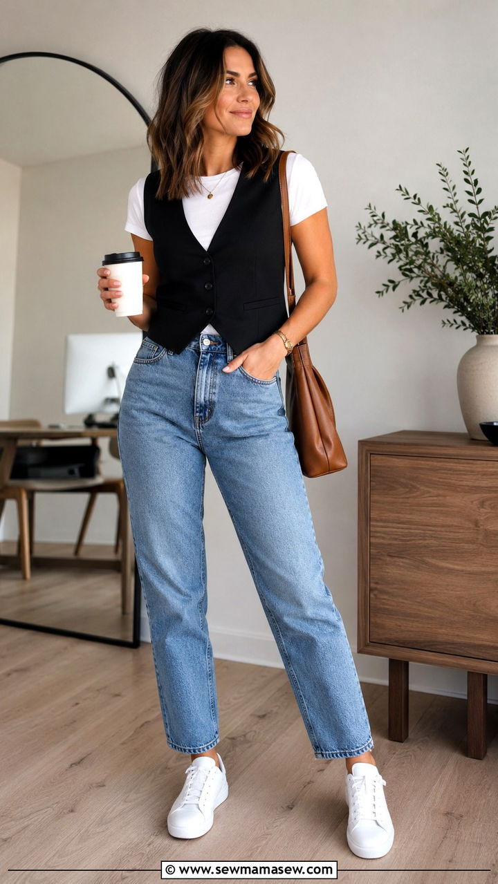 Fitted Vest With Mom Jeans and White Sneakers - 30 Mom jeans outfit ideas with white sneakers