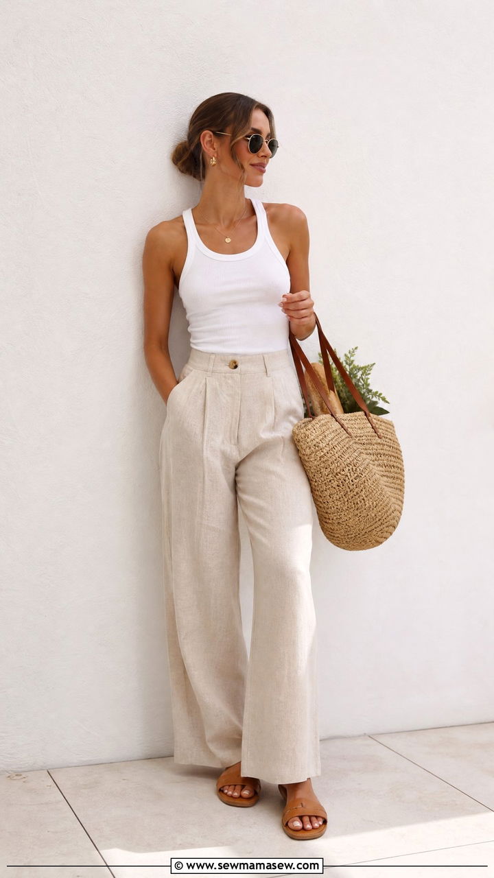 Fitted White Tank and Linen Trousers - 25 casual aesthetic outfits