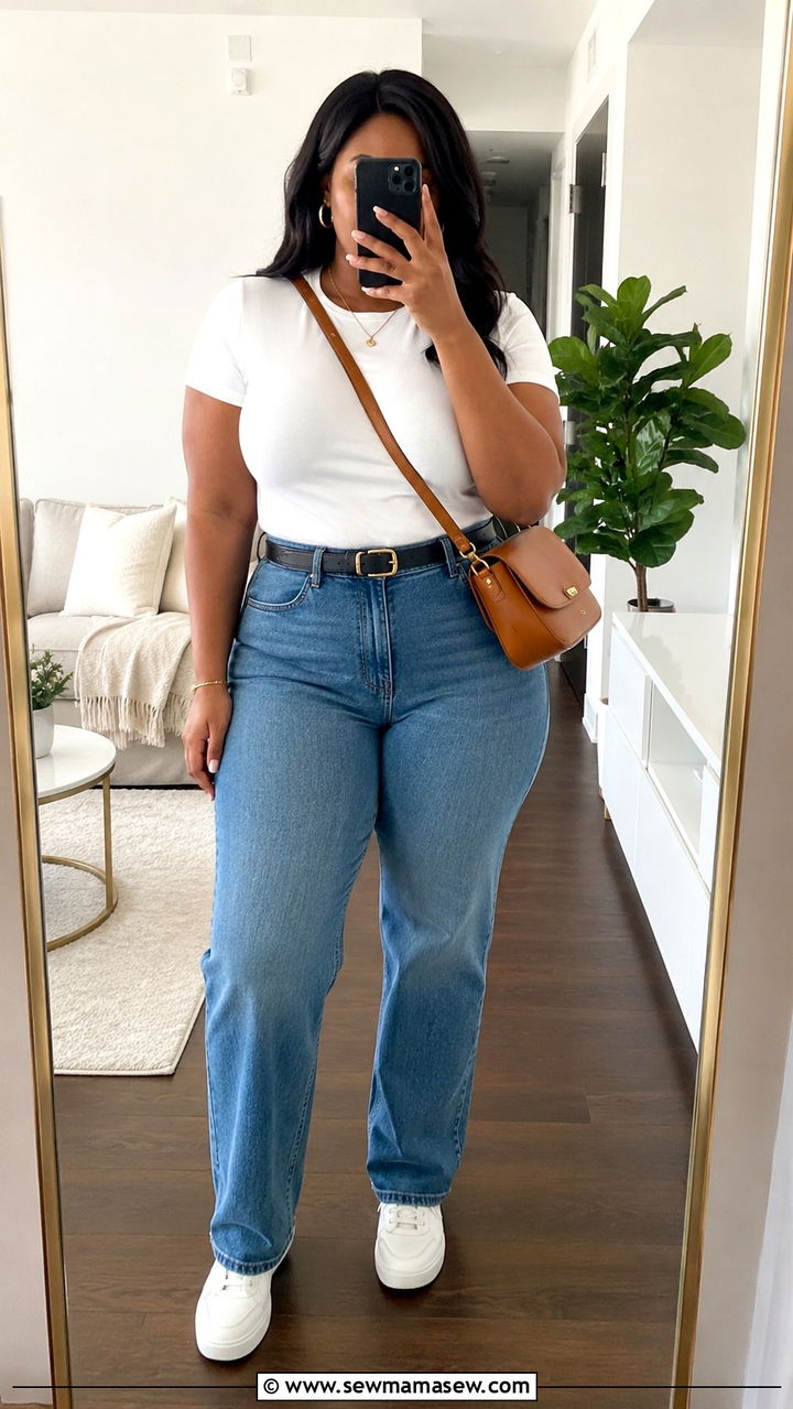 Fitted White Tee And High Waisted Straight Leg Jeans - 30 Minimalist outfits for curvy women