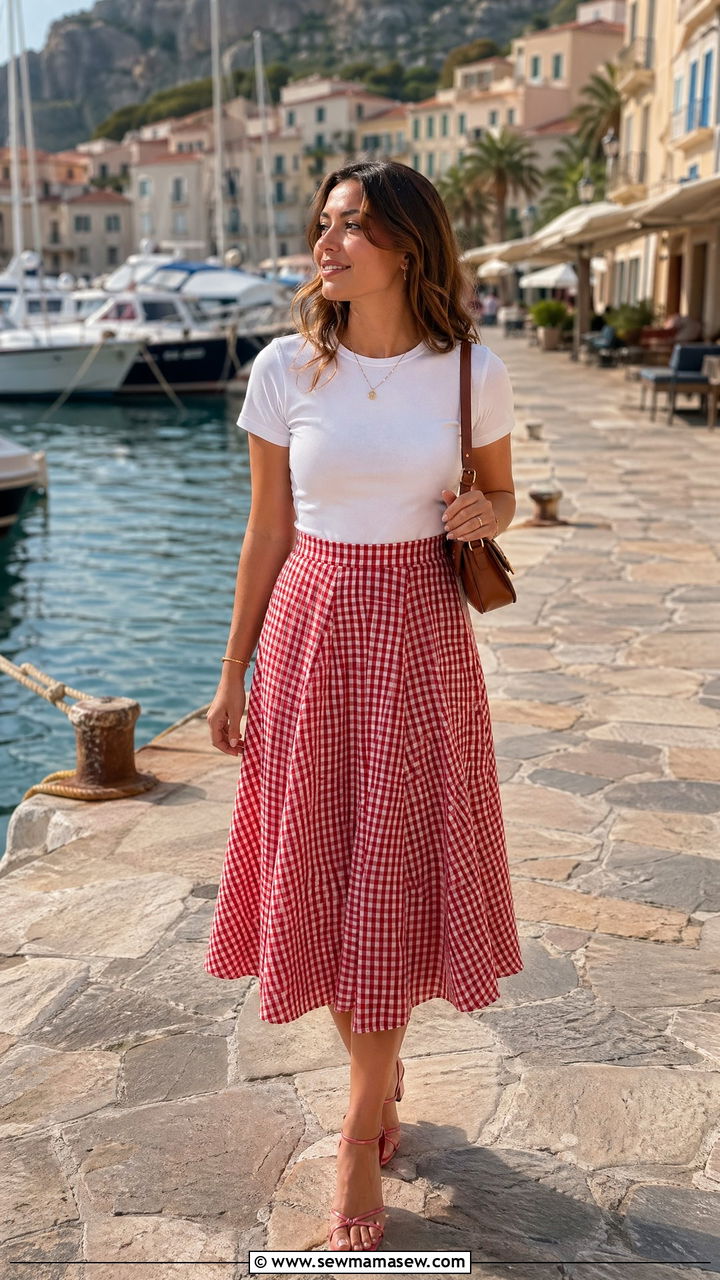 Fitted White Tee With Gingham Midi Skirt - 35 European summer outfits to copy
