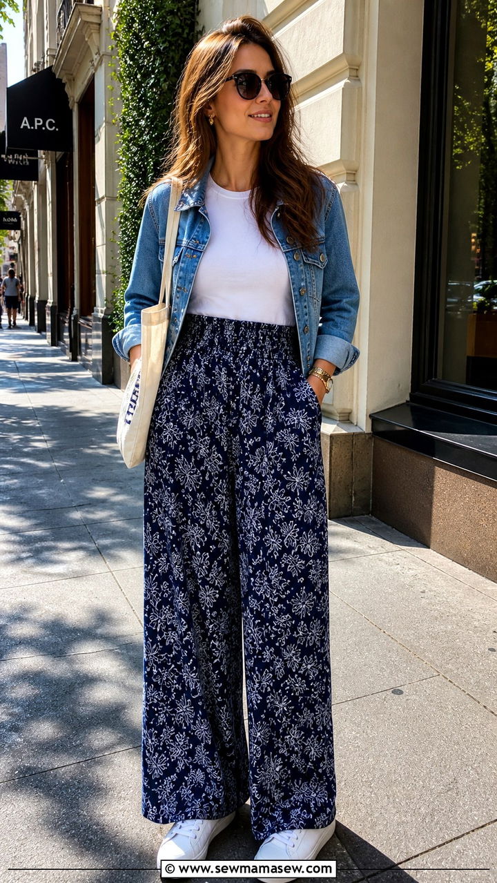 Fitted White Tee with Navy Printed Palazzo Pants - 40 palazzo pants outfit ideas