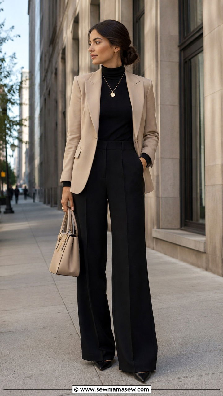 Fitted black turtleneck with matching wide leg pants and beige blazer - 25 Petite wide leg pants outfit ideas