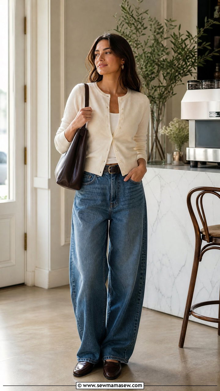 Fitted cardigan with baggy jeans and loafers - 25 How to style baggy jeans