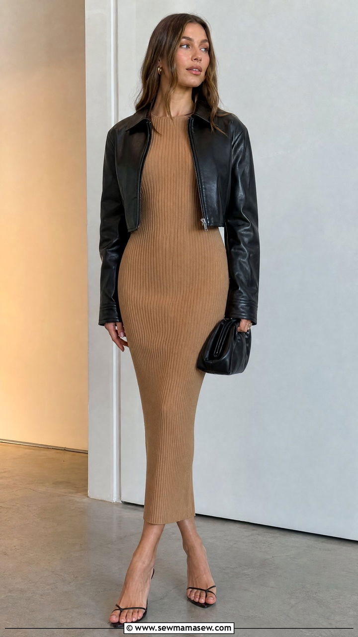 Fitted ribbed knit dress with cropped leather jacket - 35 Hailey Bieber spring outfit ideas