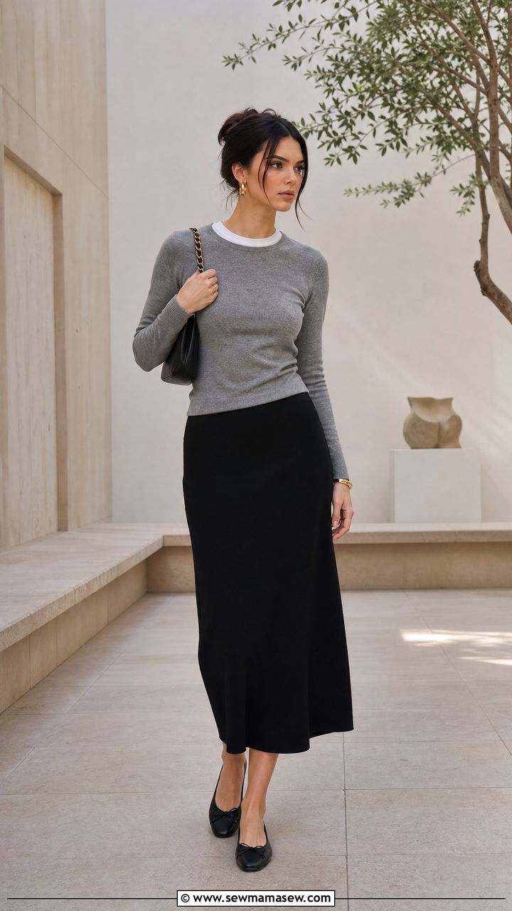 Fitted sweater with midi skirt and flats - 35 Kendall Jenner spring outfit ideas